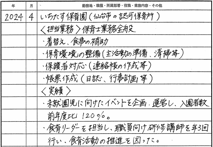 保育士の職務経歴記載例のオリジナル画像