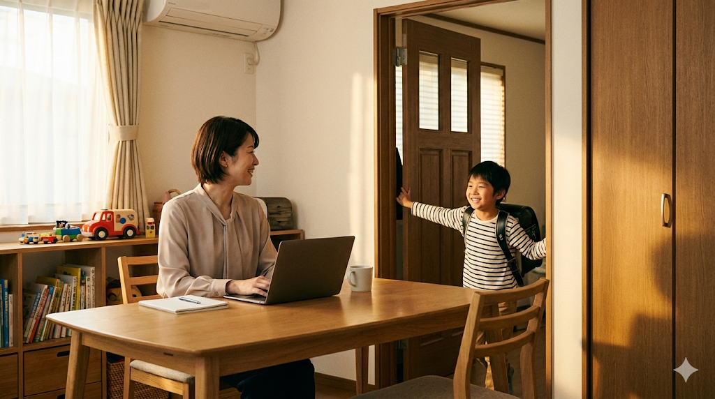 リモートワークで子どもの帰りを家で迎えているイメージ画像