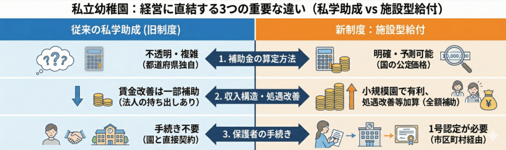 「【基礎知識】私学助成幼稚園と新制度幼稚園の違いを徹底比較」の説明画像
