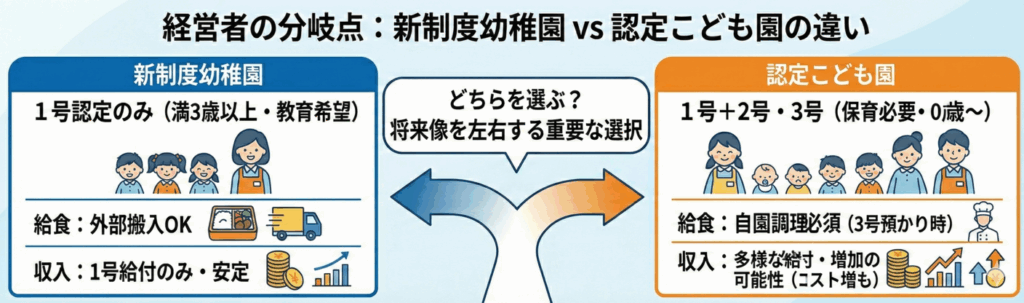 「経営者の分岐点：新制度幼稚園と認定こども園の違い」についての説明画像