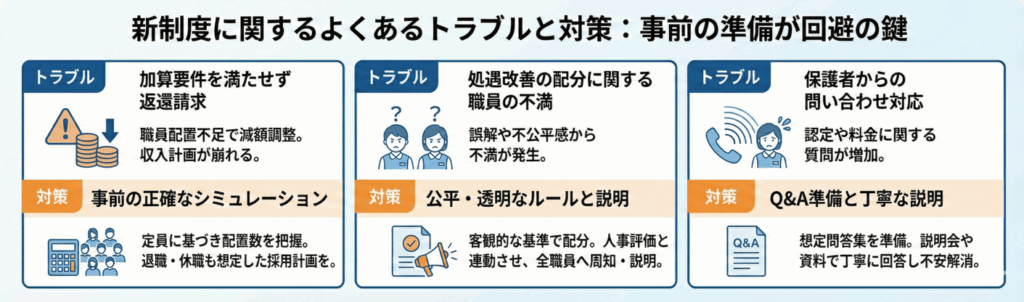 「新制度に関するよくあるトラブルと対策｜事前の準備が回避の鍵」についての説明画像