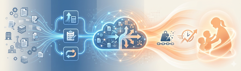 保育業務施設管理プラットフォームの主な機能とメリットについての説明画像